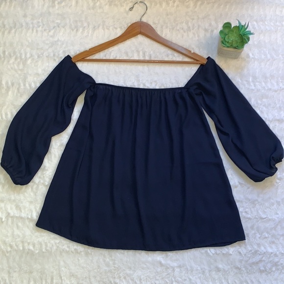 SIMLU navy Strapless Loose Off Shoulder Long Sleeve Chiffon Shirt Blouse Top - Picture 5 of 7